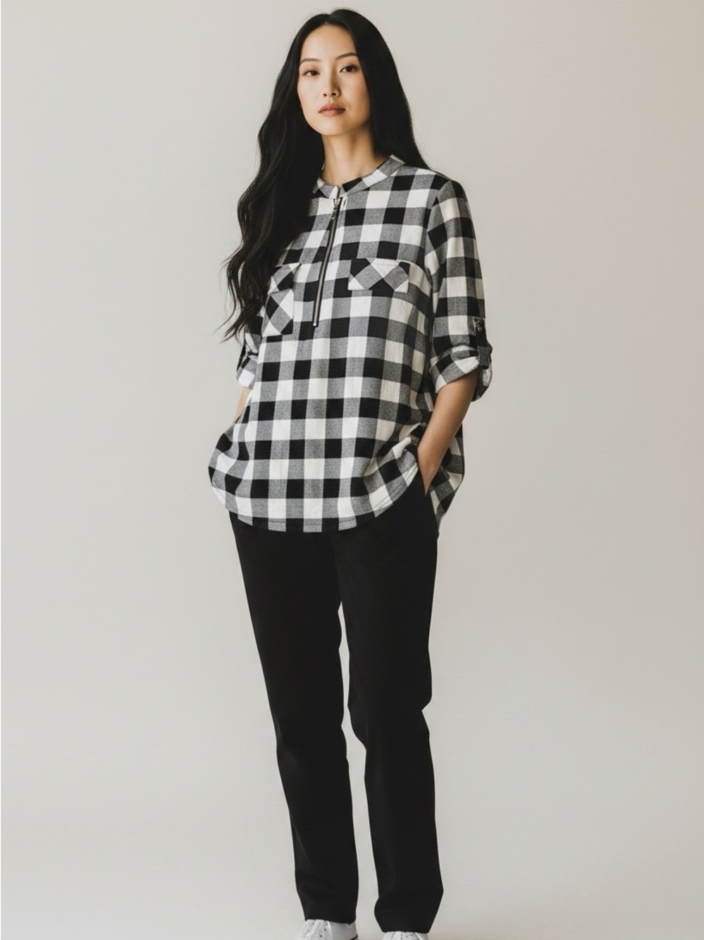 Nursing M Black & White Nursing Plaid Roll-Sleeve Women's Top